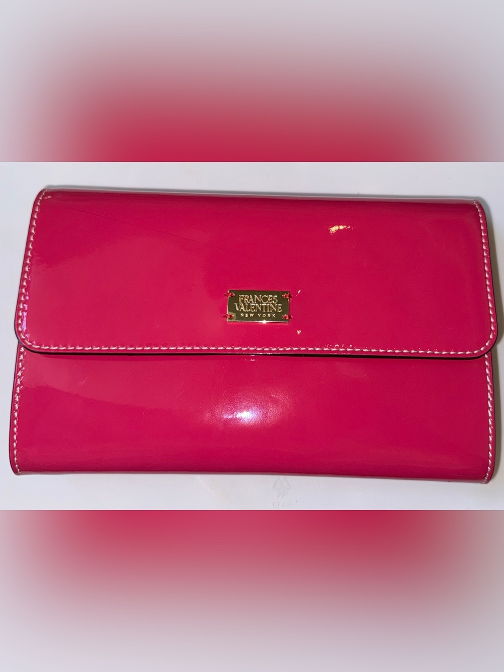 Frances Valentine Hot Pink Patent Leather Envelope Clutch with Gold Plaque